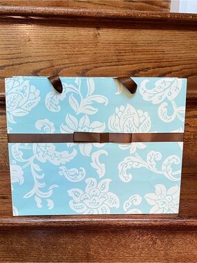 Roobee Blue And White Gift Bag With Brown Satin Ribbon bow and handles